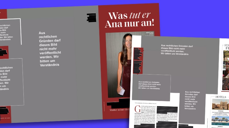 Zwei Seiten aus „Bunte“ 30/2025, die meisten Bilder wurden nachträglich mit grauen Balken und der Aufschrift versehen: „Aus rechtlichen Gründen darf dieses Bild nicht mehr veröffentlicht werden“.