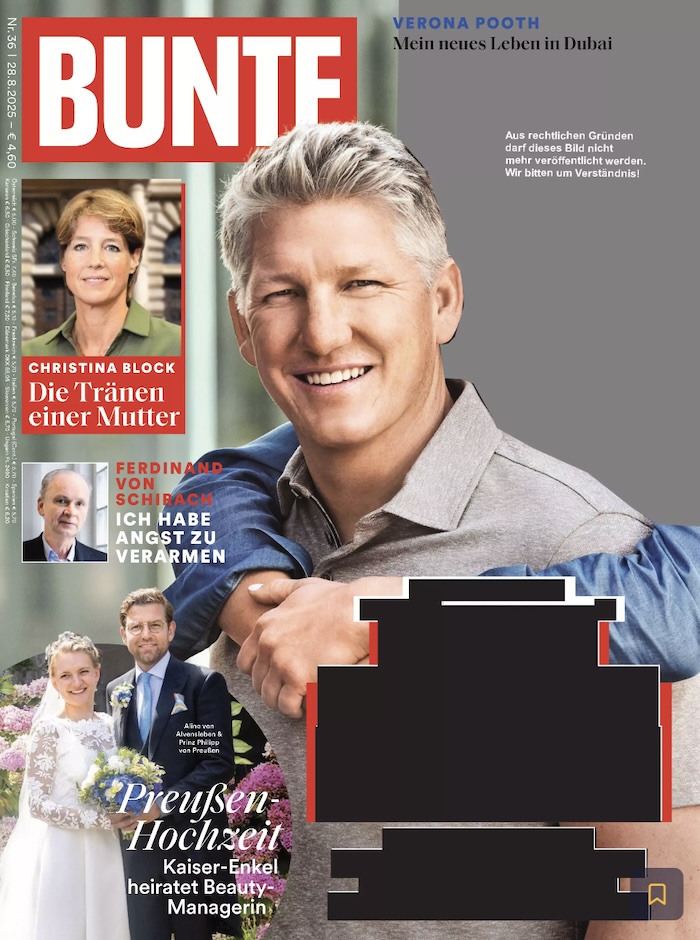Nachträglich geschwärzter „Bunte“-Titel, Nr. 36/2025: Ursprünglich Foto von Bastian Schweinsteiger mit seiner Ehefrau. Von ihr sind nur noch die Arme übrig, die sie um ihn legt. Kopf und Schultern wurden geschwärzt.