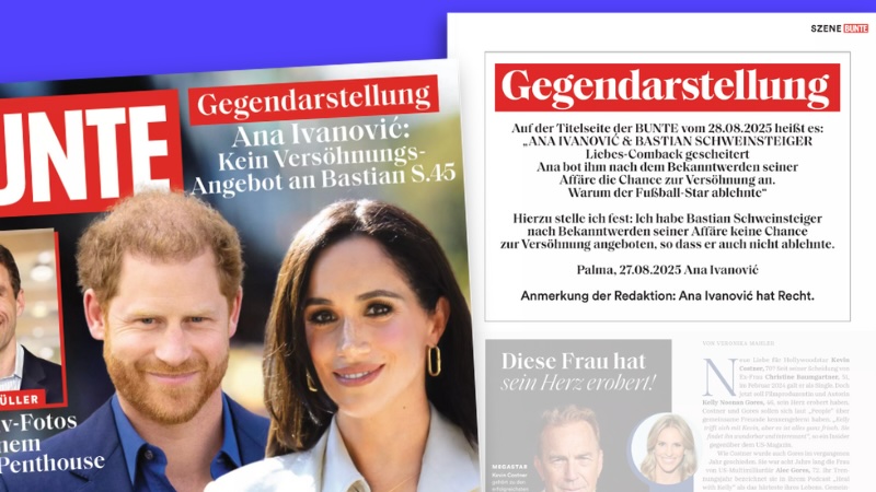 Titel der Zeitschrift „Bunte“ (37/2025) mit Ankündigung einer Gegendarstellung und halbseitige Gegendarstellung von Ana Ivanović im Innenteil. Der gesamte Text dort lautet: „Auf der Titelseite der BUNTE vom 28.08.2025 heißt es: ,ANA IVANOVIC & BASTIAN SCHWEINSTEIGER – Liebes-Comback gescheitert – Ana bot ihm nach dem Bekanntwerden seiner Affäre die Chance zur Versöhnung an. Warum der Fußball-Star ablehnte‘ Hierzu stelle ich fest: Ich habe Bastian Schweinsteiger nach Bekanntwerden seiner Affäre keine Chance zur Versöhnung angeboten, so dass er auch nicht ablehnte. Palma, 27.08.2025, Ana Ivanović Anmerkung der Redaktion: Ana Ivanović hat Recht.“