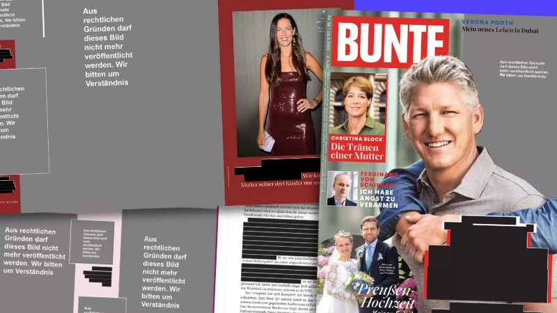 Nachträglich geschwärzter „Bunte“-Titel, Nr. 36/2025: Ursprünglich Foto von Bastian Schweinsteiger mit seiner Ehefrau. Von ihr sind nur noch die Arme übrig, die sie um ihn legt. Kopf und Schultern wurden geschwärzt. Daneben: weitere „Bunte“-Seiten, auf denen Fotos und Text geschwärzt wurde.