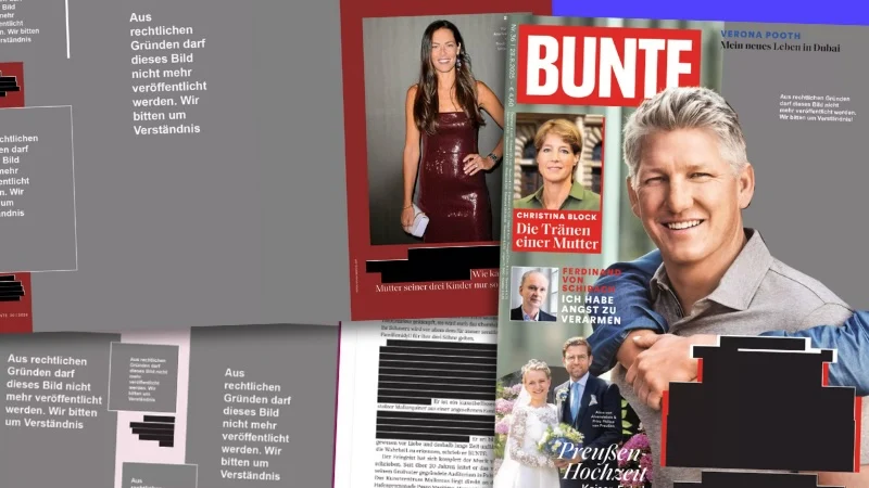 Nachträglich geschwärzter „Bunte“-Titel, Nr. 36/2025: Ursprünglich Foto von Bastian Schweinsteiger mit seiner Ehefrau. Von ihr sind nur noch die Arme übrig, die sie um ihn legt. Kopf und Schultern wurden geschwärzt. Daneben: weitere „Bunte“-Seiten, auf denen Fotos und Text geschwärzt wurde.
