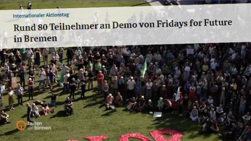 Screenshot der Sendung „buten un binnen“ bei Radio Bremen: Auf dem Bild sind viele Demo-Teilnehmer auf einer Wiese zu erkennen. Darauf die falsche Überschrift: „Rund 80 Teilnehmer an Demo von Fridays for Future“