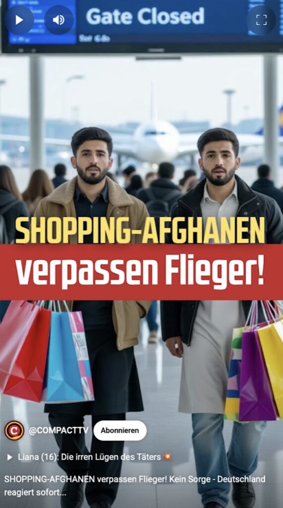 KI-Bild, das (vermeintlich) zwei dunkelhaarige Männer mit Bart und bunten Einkaufstüten an einem Flughafen zeigt. Aufschrift: „Shopping-Afghanen verpassen Flieger!“ (Falschmeldung)