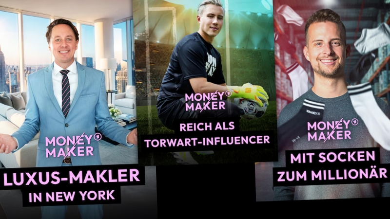 Vorschaubilder in der ARD-Mediathek zu Reihe "Money Maker": "Luxus-Makler in New York", "Reich als Torwart-Influencer", "Mit Socken zum Millionär"