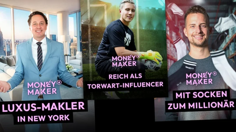Vorschaubilder in der ARD-Mediathek zu Reihe "Money Maker": "Luxus-Makler in New York", "Reich als Torwart-Influencer", "Mit Socken zum Millionär"