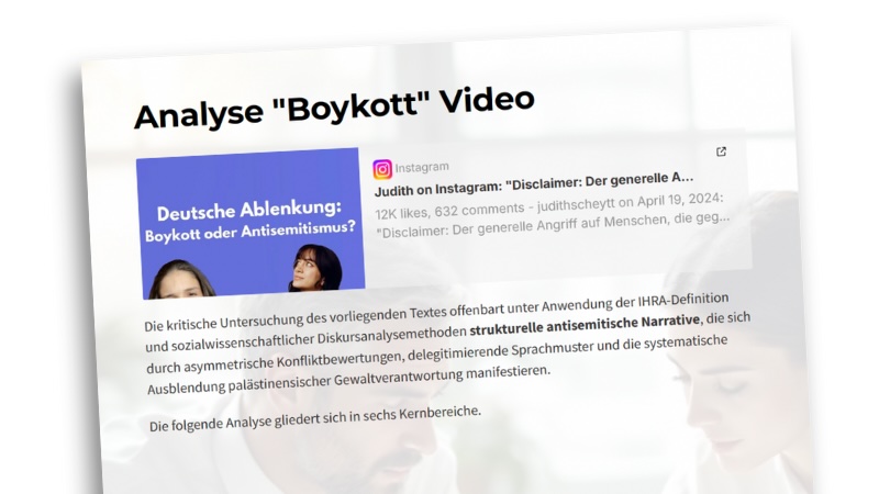 Seite aus der 39-seitigen „Anaylse“ mit der Überschrift: „Analyse "Boykott" Video“. Im Hintergrund: Blasses Stockfoto von zwei Personen bei einem Meeting.