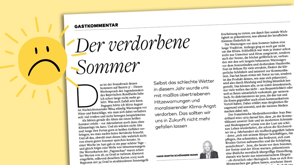 "Welt"-Gastbeitrag von Hans-Martin Schönherr-Mann: "Der verdorbene Sommer", daneben: traurige Sonne