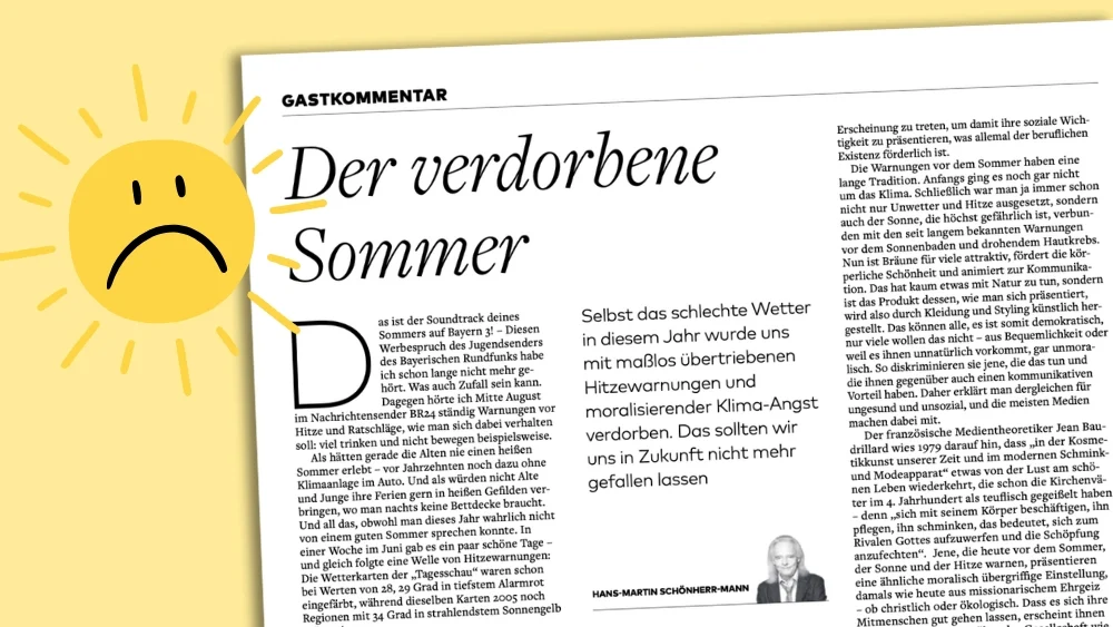 "Welt"-Gastbeitrag von Hans-Martin Schönherr-Mann: "Der verdorbene Sommer", daneben: traurige Sonne