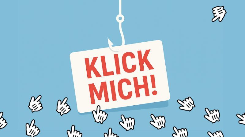 Angelhaken mit Schild, auf dem "Klick mich" steht.