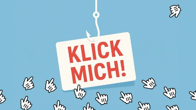 Angelhaken mit Schild, auf dem "Klick mich" steht.