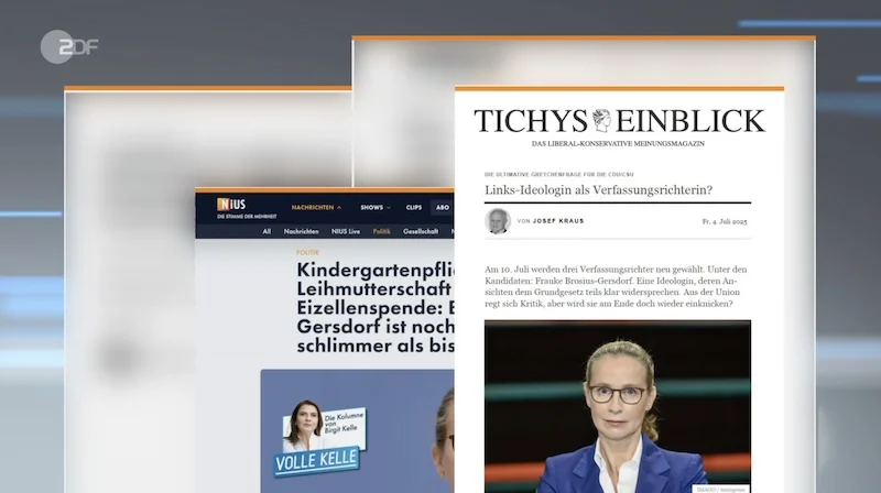 Szene aus einem Beitrag des ZDF-„heute journals“ vom 20.7.2025, in der mehrere Screenshots von Artikeln über die Debatte zu Frauke Brosius-Gersdorf zu sehen sind, unter anderem von „Tichys Einblick“. Artikel im Hintergrund wurden aus rechtlichen Gründen nachträglich verfremdet.