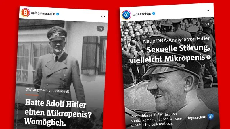 Screenshots zweiter Instagram-Meldungen von „Spiegel“ und „Tagesschau“ über den mutmaßlichen „Mikropenis“ von Adolf Hitler.