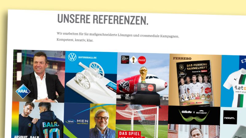 Internetseite der Sportagentur Kicker Business Solutions: „Unsere Referenzen. Wir erarbeiten für Sie maßgeschneiderte Lösungen und crossmediale Kampagnen. Kompetent, kreativ, klar.“