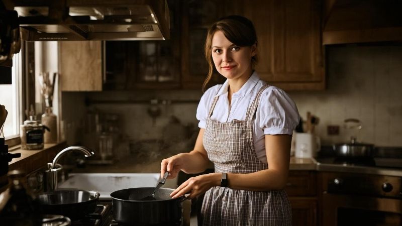 Klischee-Hausfrau in ihrer Küche, KI-generiert