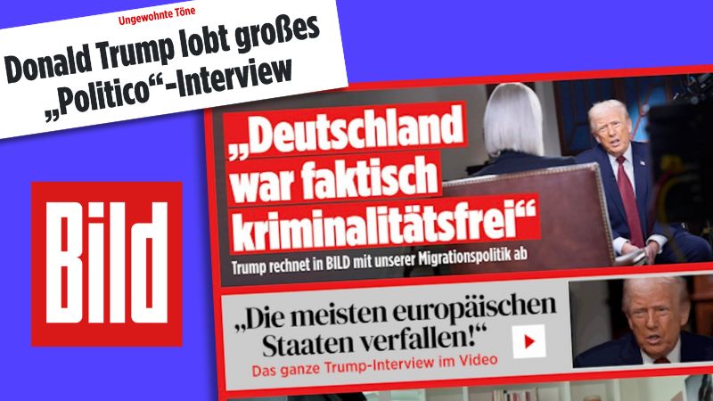 Screenshot der „Bild“-Startseite am 9.12.2025, unter anderem mit einem Zitat von Donald Trump in der Überschrift: „Deutschland war faktisch kriminalitätsfrei". Und die „Bild“-Überschrift: „Ungewohnte Töne: Donald Trump lobt großes „Politico“-Interview“.