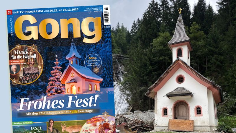 Cover der Zeitschrift „Gong“ mit der beleuchteten Josefskapelle in Gschnitz auf einem Foto dieser Kapelle, das nach dem Erdrutsch im Sommer aufgenommen wurde.