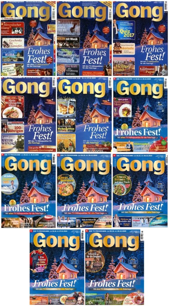 Elf Weihnachtsausgaben der Zeitschrift „Gong“ (2015-2025), immer mit demselben Kapellen-Motiv und der Zeile „Frohes Fest!“.