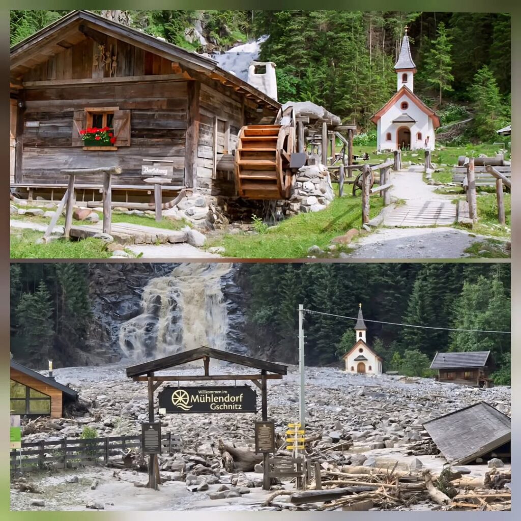 Das Mühlendorf Gschnitz vor dem Lawinenabgang und danach.