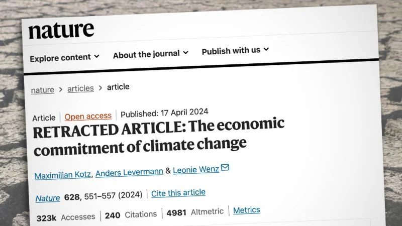 Screenshot der Webseite des Magazins „Nature“ mit der Überschrift zu einer Studie: „RETRACTED ARTICLE: The economic commitment of climate change“.