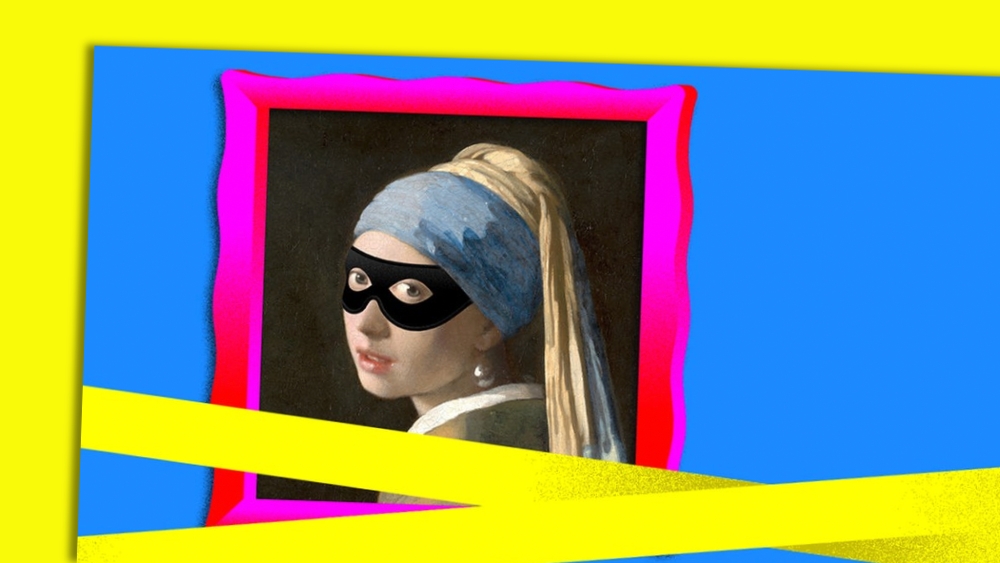 Thumbnail von "Tatort Kunst" Illustration "Mädchen mit dem Perlenohrring" von Jan Vermeer mit Diebesmaske