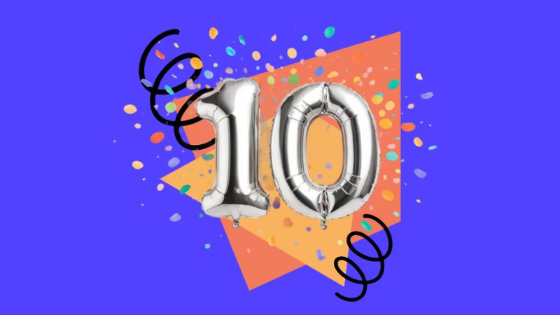 Die Zahl 10 als Luftballons mit Konfetti.