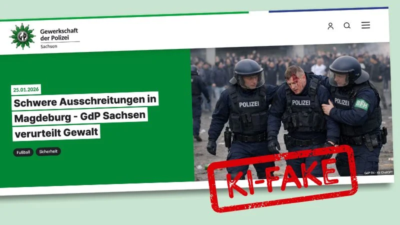 Pressemitteilung der Gewerkschaft der Polizei Sachsen. Überschrift: „Schwere Ausschreitungen in Magdeburg - GdP Sachsen verurteilt Gewalt“, daneben ein mit KI erzeugtes fotorealistisches Bild, das einen vermeintlichen, am Kopf verletzten Polizisten zeigt, der von zwei weiteren vermeintlichen Polizisten gestützt wird.
