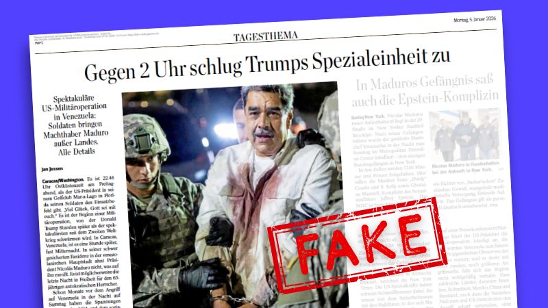 Mutmaßlich KI-generiertes Bild auf einer Zeitungsseite, das zeigen soll, wie der venezolanische Präsident Nicolas Maduro von amerikanischen Soldaten abgeführt wird.