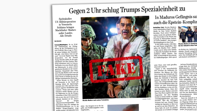 Dieses mutmaßlich KI-generierte Bild soll die Festnahme des venezolanischen Präsidenten Nicolas Maduro zeigen. Zeitungen der Funke-Mediengruppe bezogen es über die Agentur ddp.