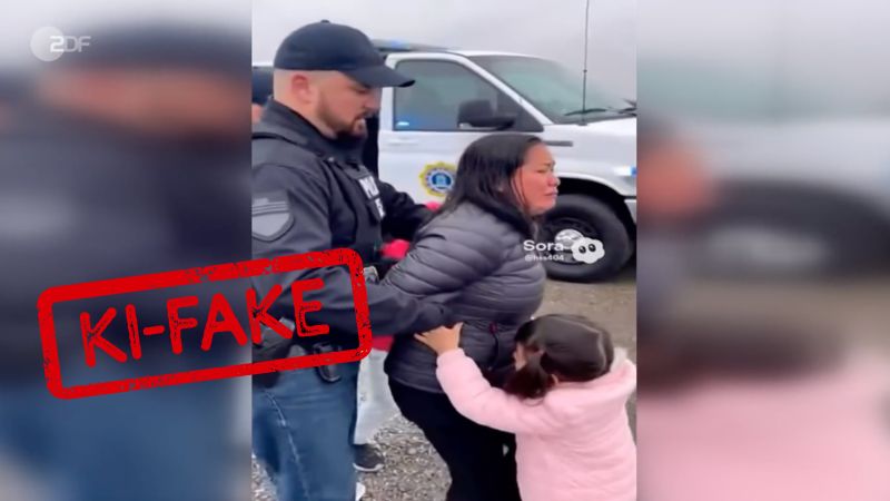 Echt wirkender KI-Fake: Zwei vermeintliche Polizisten führen scheinbar eine weinende Frau ab, während zwei Kinder verzweifelt an ihr zerren.