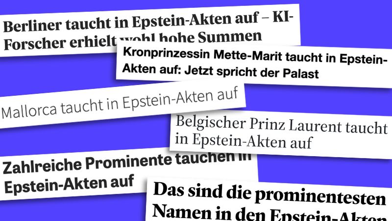 Mehrere Schlagzeilen mit der Formulierung, dass eine Person in den Epstein-Akten „aufgetaucht“ sei.