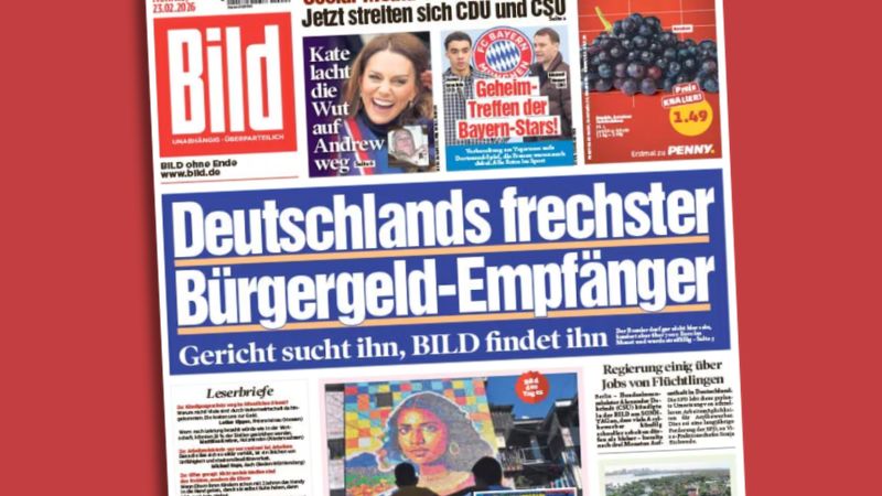 „Bild“-Titelseite am 23. Februar 2026 mit der Schlagzeile: „Deutschlands frechster Bürgergeld-Empfänger“