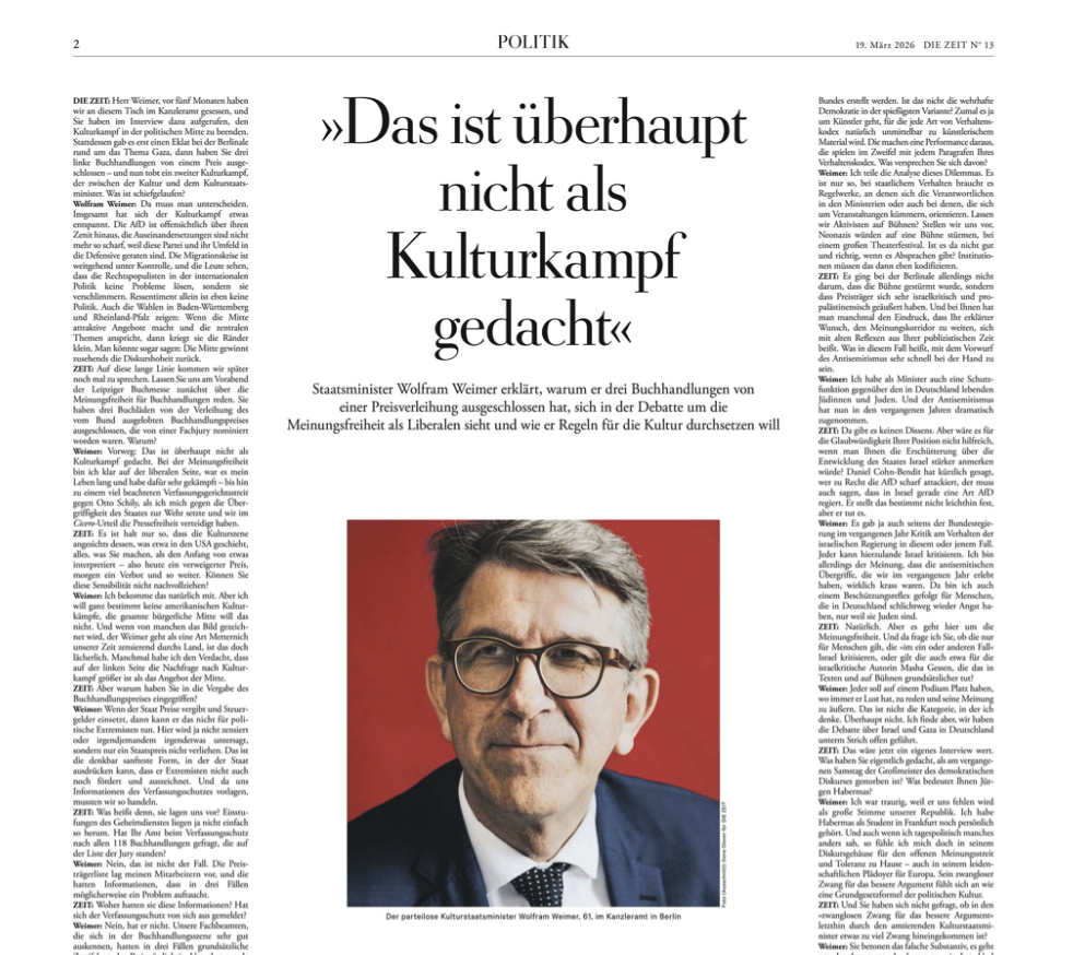 „Zeit“-Interview mit Wolfram Weimer, Überschrift: „Das ist …</p>        <script type=