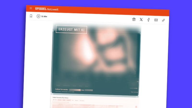 Abbildung im Online-Text des „Spiegels“: Verfremdete Aufnahme von Collien Fernandes mit der Aufschrift „Erzeugt mit KI“.