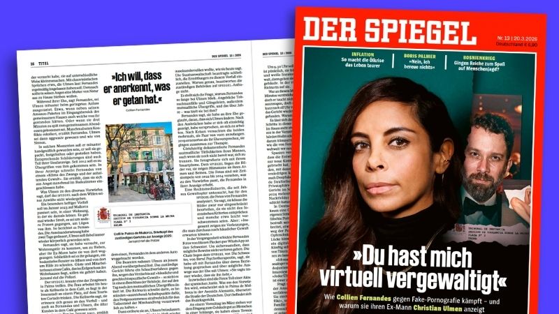 Doppelseite und Cover der Zeitschrift „Der Spiegel“. Auf dem Cover sind die Gesichter von Collien Fernandes und Christian Ulmen zu sehen. Schlagzeile: „Du hast mich virtuell vergewaltigt.“