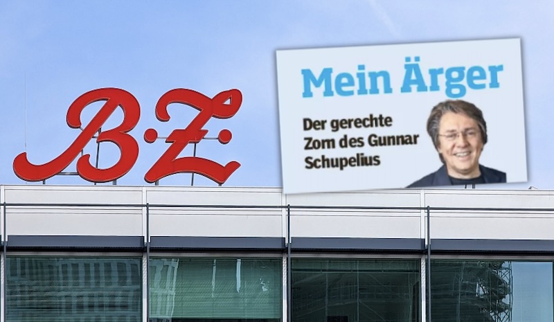 Außenfassade der „B.Z.“-Redaktion mit Logo-Schriftzug, daneben der Titelkopf der „B.Z.“-Kolumne „Mein Ärger – Der gerechte Zorn des Gunnar Schupelius“.