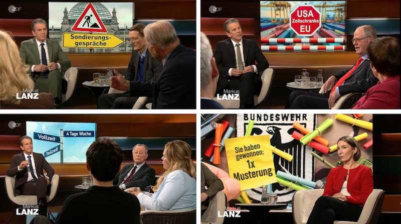 Vier Szenen aus der Sendung „Markus Lanz“, in denen hinter der Talkrunde verschiedene Symbolbilder gezeigt werdenm etwa ein Baustellenschild vor dem Reichstag mit einem gelben Wegweiser-Schild darunter, auf dem „Sondierungsgespräche“ steht. Oder drei Straßenschilder an einer Stange, auf denen „Teilzeit“, „Vollzeit“ und „4 Tage Woche“ steht.