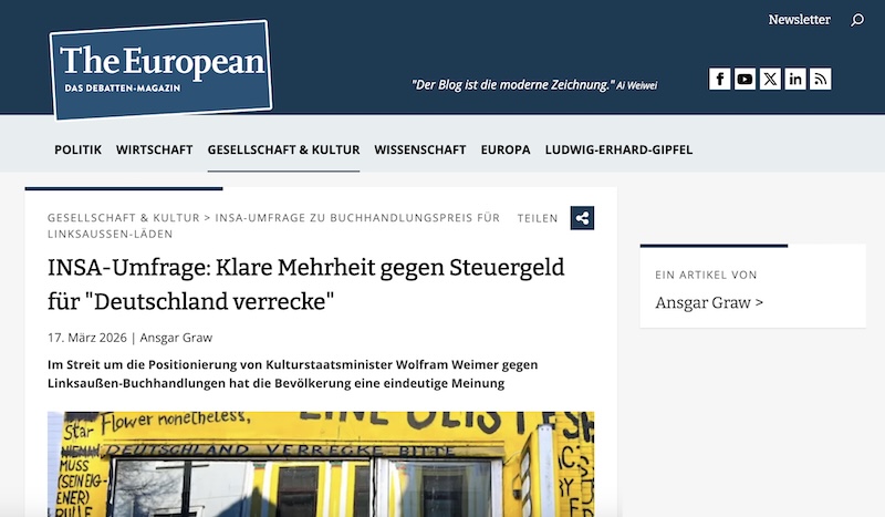 Screenshot eines „The European“-Artikels mit der Überschrift: „INSA-Umfrage: Klare Mehrheit gegen Steuergeld für ,Deutschland verrecke‘“.