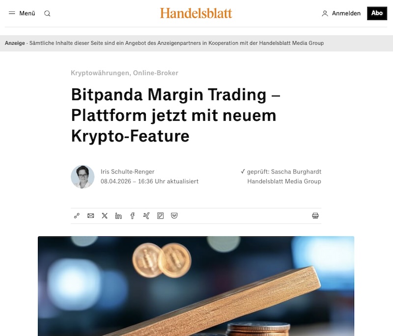 Bitpanda-Anzeige in Form eines Advertorials im Online-Auftritt des „Handelsblatts“. Überschrift: „Kryptowährungen, Online-Broker: Bitpanda Margin Trading – Plattform jetzt mit neuem Krypto-Feature“.