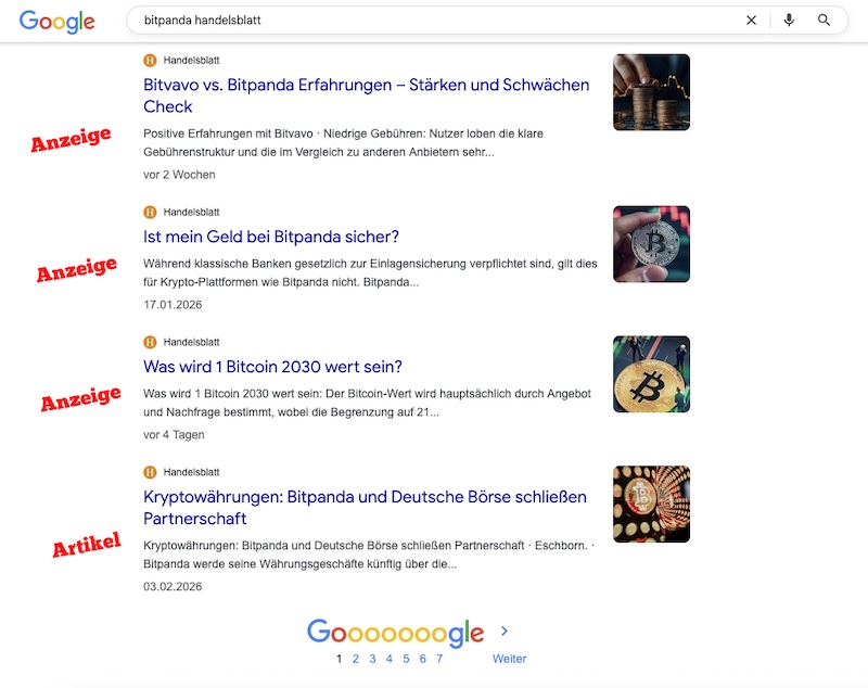 Screenshot der Rubrik „Google News“ zur Suche nach „Bitpanda Handelsblatt“ mit vier Treffern. Drei Treffer führen zu Anzeigen beim „Handelsblatt“, nur einer zu einem redaktionellen Artikel. Die Teaser unterscheiden sich aber nicht.