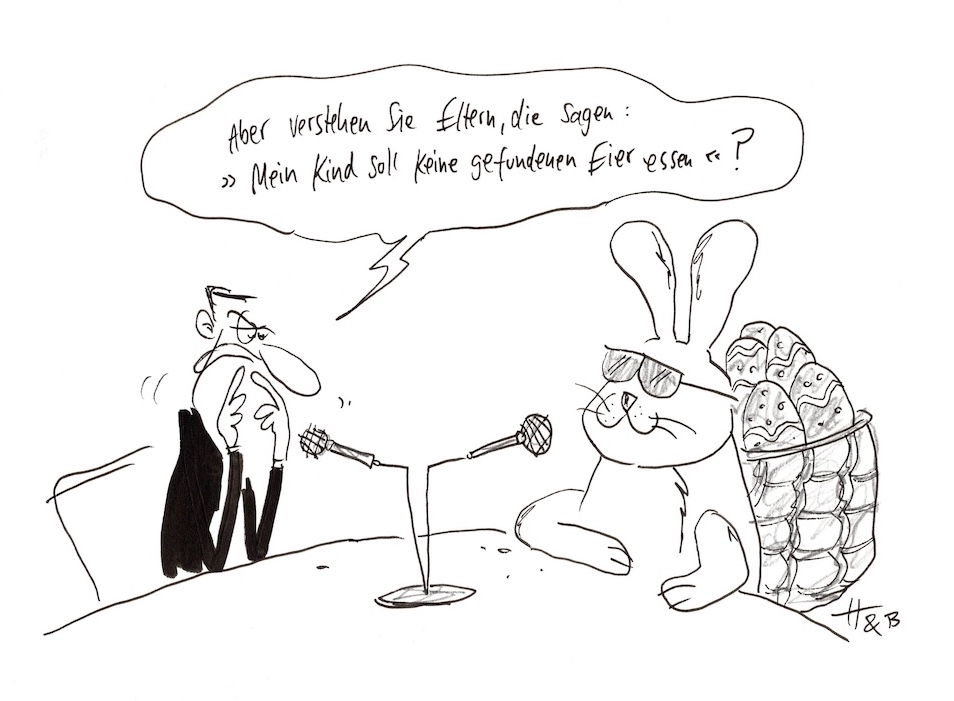 Cartoon: Podcaster befragt Osterhasen: „Aber verstehen Sie Eltern, die sagen: 'Man soll keine gefundenen Eier essen?'“