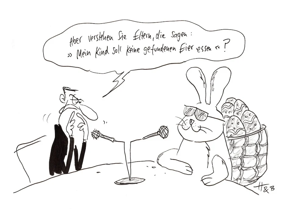 Cartoon: Podcaster befragt Osterhasen: „Aber verstehen Sie Eltern, die sagen: 'Man soll keine gefundenen Eier essen?'“