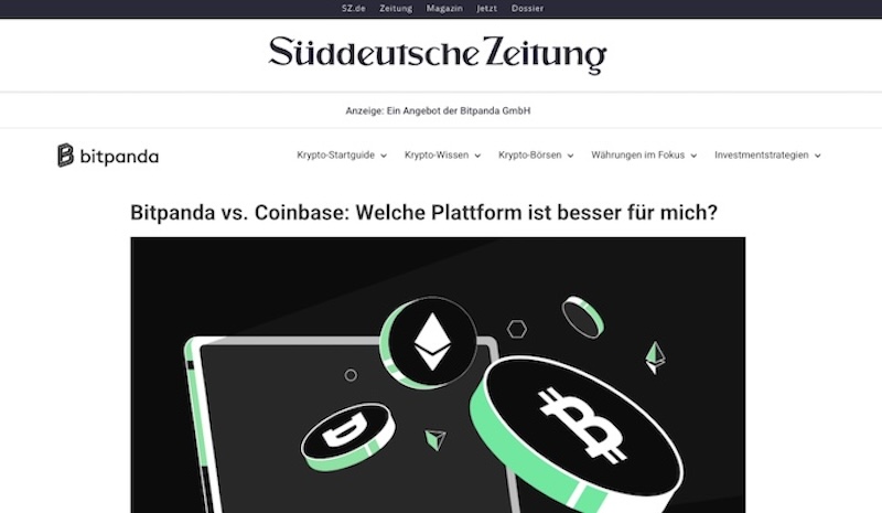 Bitpanda-Anzeige in Form eines Advertorials im Online-Auftritt der „Süddeutschen Zeitung“. Überschrift: „Bitpanda vs. Coinbase: Welche Plattform ist besser für mich?“