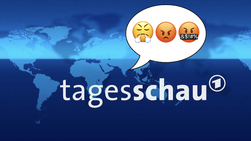 Logo der Tagesschau, daneben wütende Emojis in einer Sprechblase