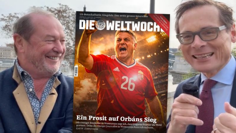 Kurt W. Zimmermann und Roger Köppel stehen in Budapest und unterhalten sich, im Hintergrund die Donau. Zwischen ihnen einmontiert: der „Weltwoche“-Titel Nr. 14/2026.