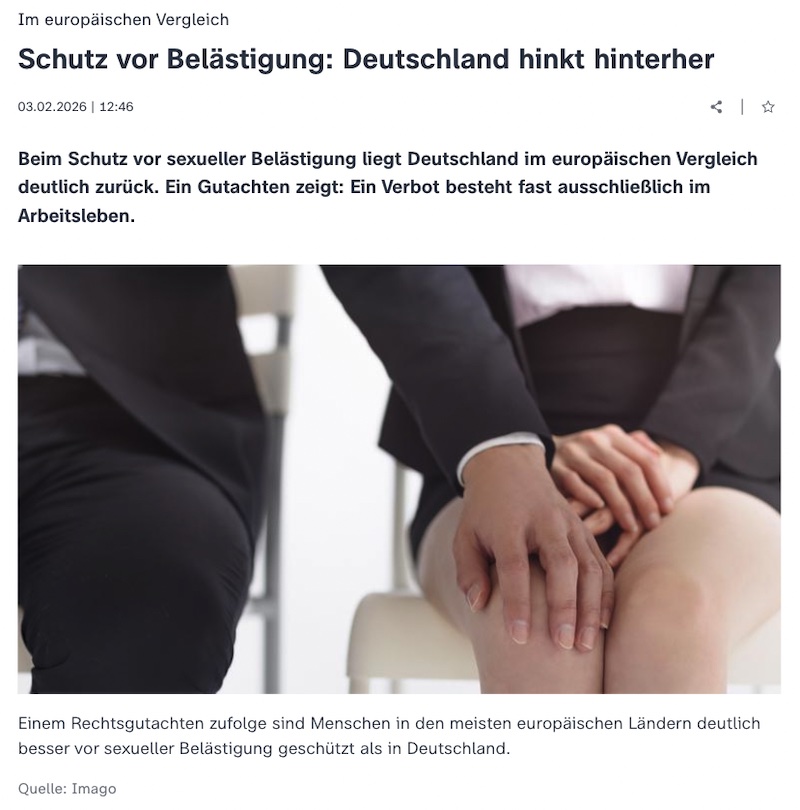 Artikel über sexuelle Belästigung mit Foto einer Frau in Minirock. Der Mann neben ihr berührt ihr Knie.