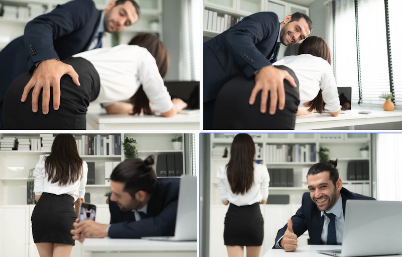 Bilderstrecke mit Szenen aus einem Büro, in denen ein Mann eine Frau filmt und berührt.