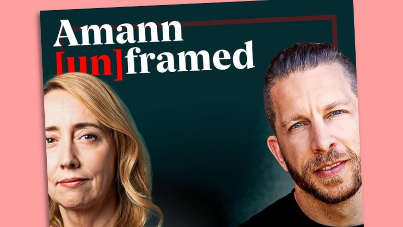 Cover des Podcasts „Amann [un]framed“ mit Fotos von Melanie Amann (l.) und Ben Berndt.