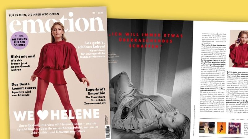 Titelseite und Doppelseite der Zeitschrift „Emotion“, Ausgabe 6/2026, mit otos von Helene Fischer und der Titelzeile: „WE 🖤 HELENE“.