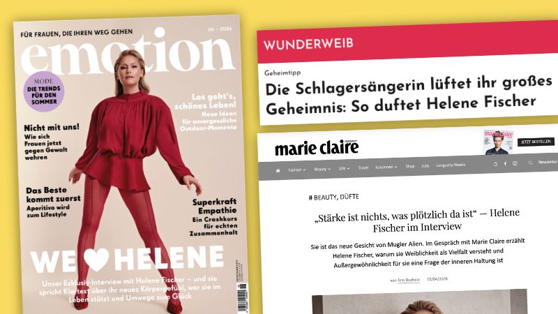 Verschiedene Schlagzeilen zu Helene Fischer, unter anderem „WE 🖤 HELENE“ auf dem Cover der Zeitschrift „Emotion“ oder „Die Schlagersängerin lüftet ihr großes Geheimnis: So duftet Helene Fischer“ bei „Wunderweib“.