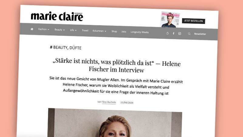 Screenshot eines Interviews von „Marie Claire“ mit Helene Fischer, Überschrift: „,Stärke ist nichts, was plötzlich da ist‘ – Helene Fischer im Interview“.